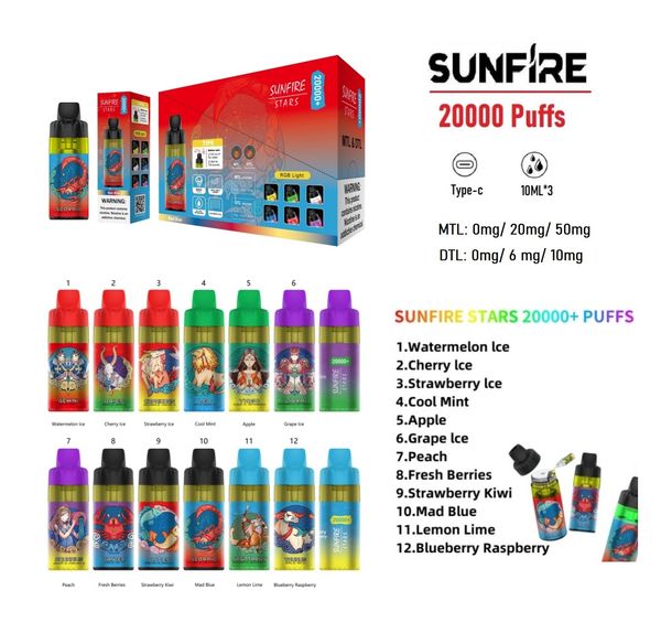 Sunfire personalizzato Direct to Lung (DTL) vs MTL Strong Throat Irritation Pod Systems Kits 20000 20k Puffs 20000Puffs Shisha Hookah Spedizione di vaporillo salato usa e getta