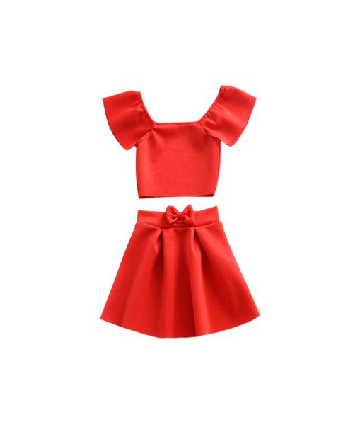 Conjunto de roupas infantis com ombro de fora, top vermelho, verão, roupas de bebê para meninas, roupas infantis, camiseta, saia com laço, novo 6946379
