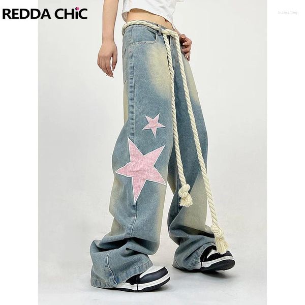 Женские джинсы ReddaChic 90-х годов с рисунком в стиле ретро, мешковатые бойфренды Star Y2k для девочек, повседневные широкие брюки с широкими штанинами, большие брюки, корейская женская уличная одежда