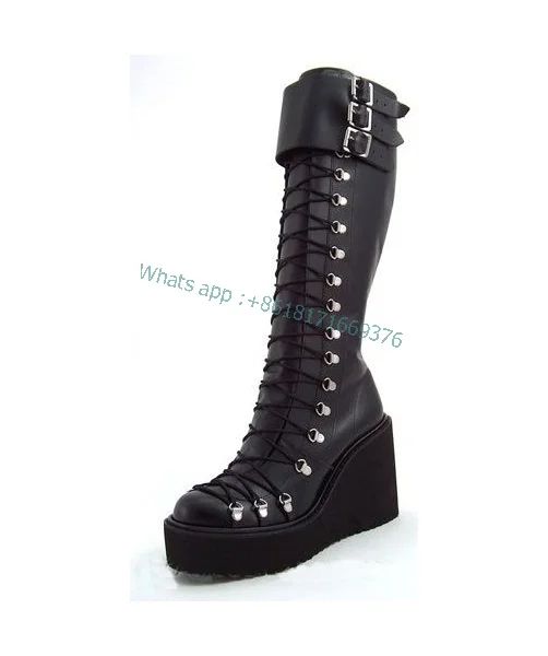 Botas cunhas de couro redondo de joelheira botas altas mulheres moda cross strap boots de salto alto sapatos de plataforma lady shoes sexy design 2023