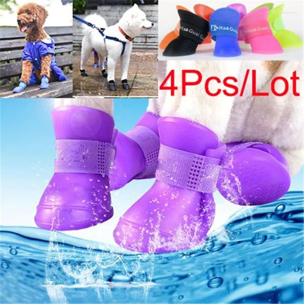 Vestuário para cães 4 tamanhos, sapatos macios para todas as estações, à prova d'água, borracha de silicone, bota para animais de estimação, pés limpos, capa para chuva, pavimento, fricção de calor