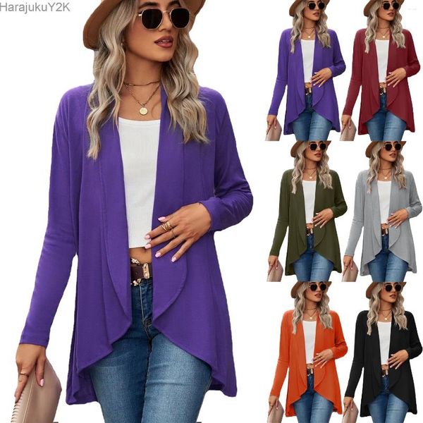 Malhas femininas plus size cardigan feminino leve frente aberta manga longa camisola outwear com bolsos cardigans para 2024