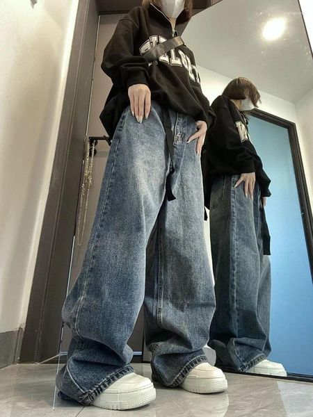 Jeans femininos adagirl azul perna larga mulheres harajuku oversize vintage cinto reto denim calças streetwear cintura alta y2k mujer calças