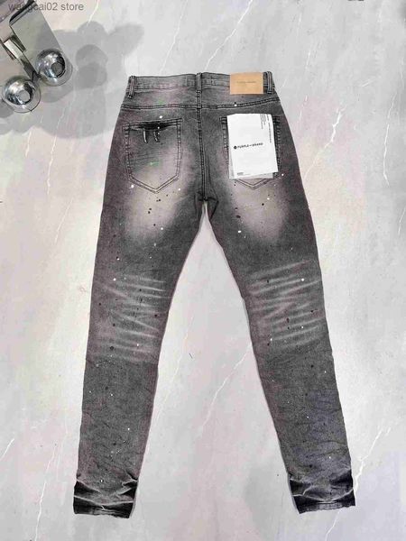 Jeans masculinos marca roxa denim jeans homens angustiados strtwear moda magro pintura graffiti danificado rasgado hip hop jean calças t240402