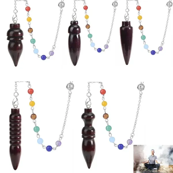 Colares Pingente Pêndulo De Madeira Natural Para Adivinhação Dowsing Pêndulos De Madeira Egípcio Dowser 7 Chakra Bead Chain Reiki Pêndulos Espirituais