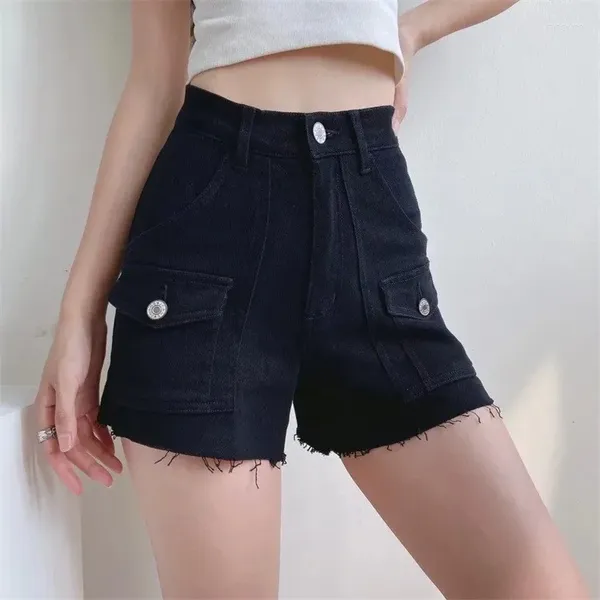 Jeans femininos senhoras sensual borda bolso casual denim shorts primavera verão calças de perna reta cintura alta solta três pontos