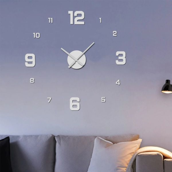 NEU 2024 Modernes Design großer Wanduhr 3D DIY Quarzuhren Mode Uhren Acrylspiegelaufkleber Wohnzimmer Wohnzimmer Dekor Horloge für