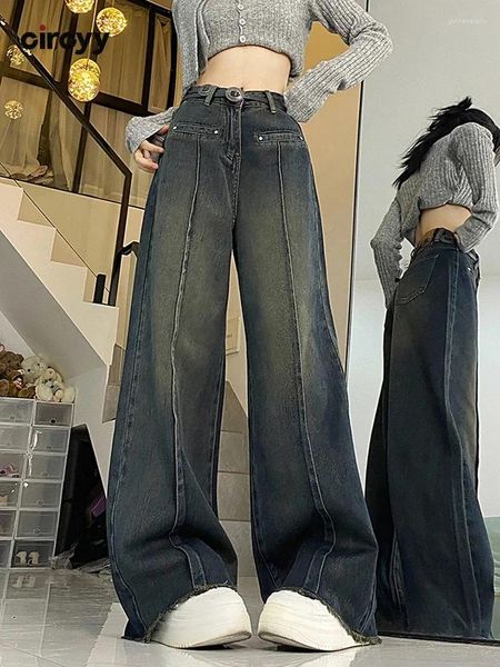 Kadınlar Kot Gri Bol Kadın Yüksek Belli Moda Düğmesi Tam Uzunluk Geniş Bacak Denim Pantolon Sonbahar 2024 Vintage Yıkanmış Pantolon