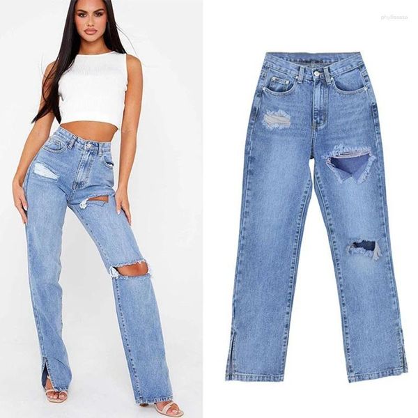 Jeans femininos rasgados em linha reta cintura alta divisão estilo básico azul para mulheres lazer confortável denim S-2XL calças plus size