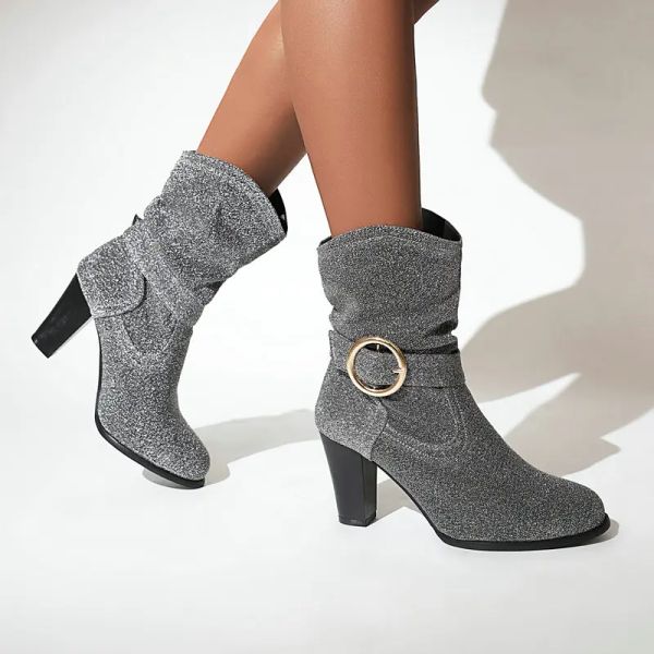 Botas prata brilho bling bling plissout midcalf bota roxa salto alto sapato de mulher designer de cinto feminino charmos