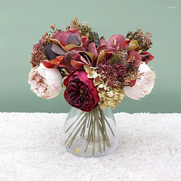 Fiori decorativi Seta artificiale rossa Grande bouquet di peonia Decorazione domestica di alta qualità Composizione autunnale per matrimoni Natale Grande pianta finta