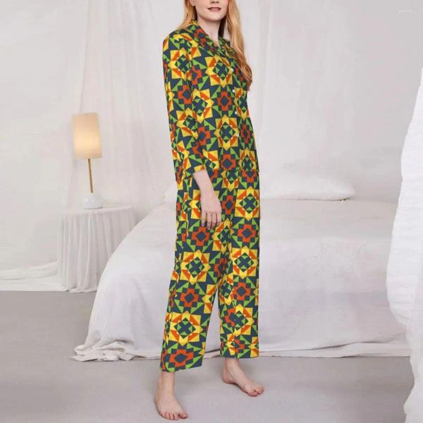 Startseite Bekleidung Pyjamas Lady Vintage Geo Print Raumnachtwäsche Design Quadratisch 2 Stück Lässiges Pyjama-Set mit langen Ärmeln Kawaii Übergroßer Anzug