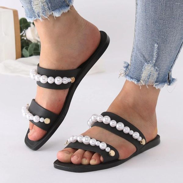 Sandalen Elegante Damenschuhe Damen Hausschuhe Offene Zehenrutschen mit ausgefallenen Accessoires Bequeme Fußbett-Sandalen
