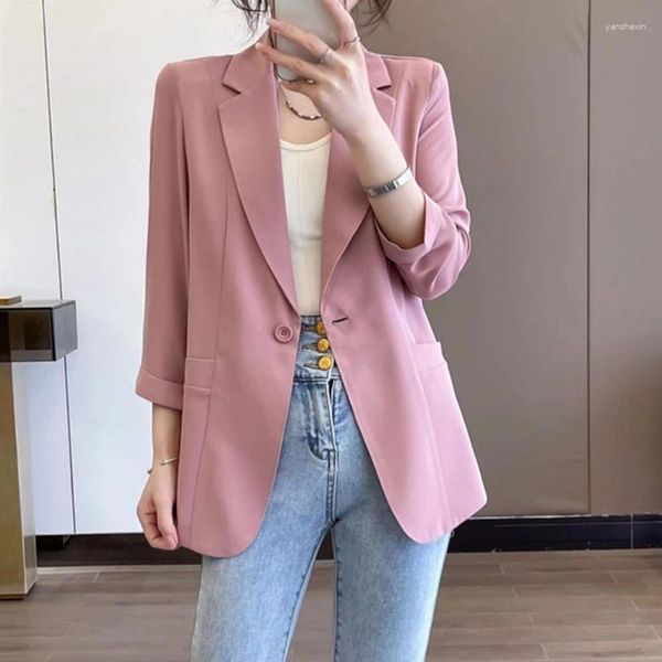 Damenanzüge Rosa Blazer Damen Schicker eleganter Damenanzug Weiß Dreiviertelärmel Stilvolle Jacke Frühling Sommer Blazer Kleidung