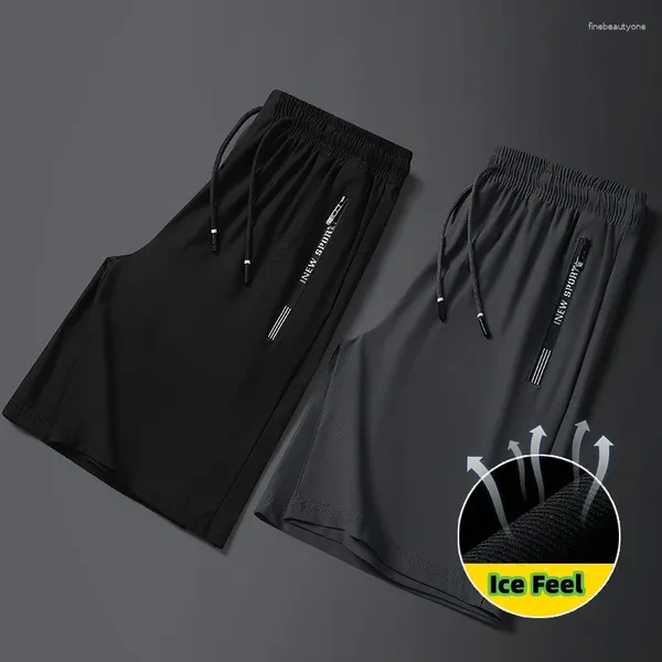 Shorts masculinos de secagem rápida homens primavera verão longo gelo seda casual calças esportivas retas treinamento de fitness juventude jogging zip bolso calças