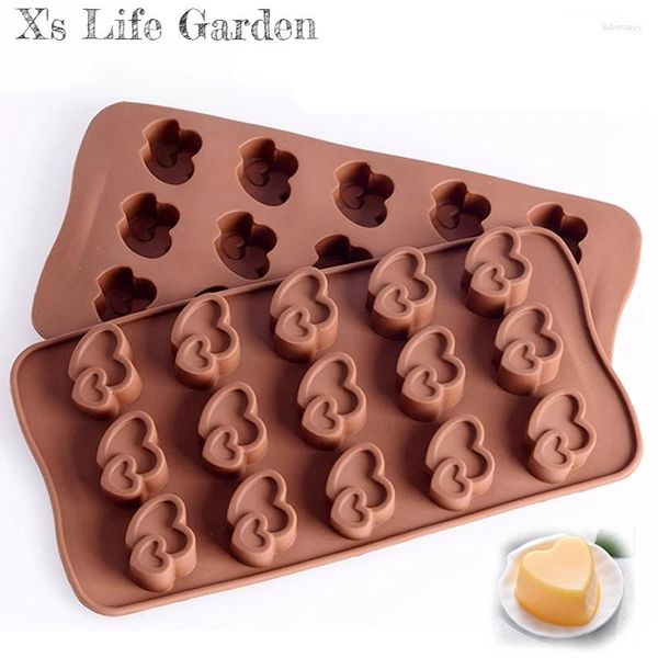 Ferramentas de cozimento 15 corações duplos em forma de silicone sabão doces fondant chocolate cozinha molde biscoitos de casamento bolo molde