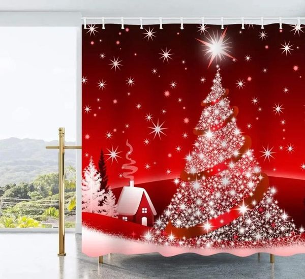 Tende da doccia Albero di Natale 3D Fiocco di neve Luci scintillanti Sfondo rosso Tenda da bagno in tessuto con ganci Set di decorazioni per il bagno di Natale