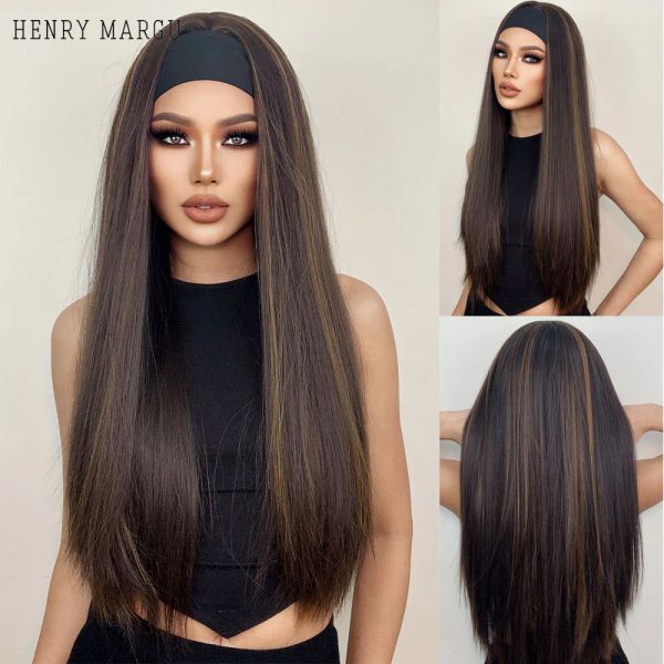 Perucas henry margu bandeira lisa longa peruca sintética Gloden Brown Destaque Hairless Hair Wigs para mulheres negras resistentes ao calor perucas