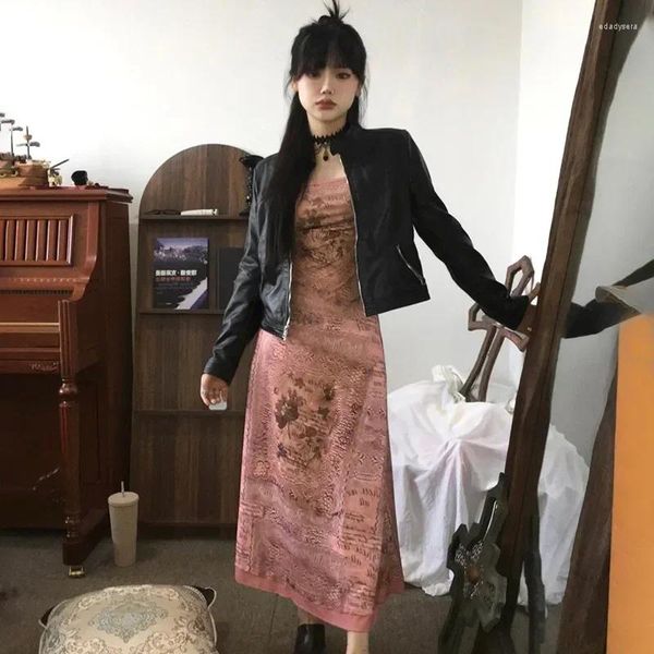 Lässige Kleider E-Girl Japanisches Y2k Langes Kleid Vintage Harajuku Maxi Grunge Ästhetik Rosa Party Lolita Ärmelstrick