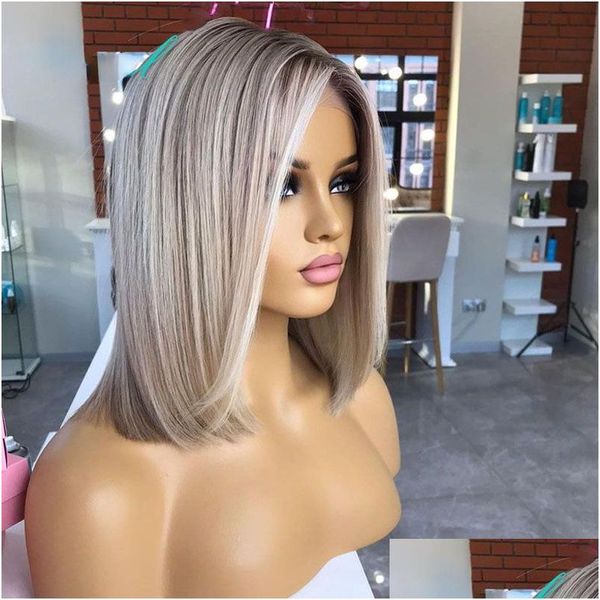 Perucas sintéticas Peruana Cabelo Humano Ombre Ash Loira Colorido Curto Bob 13x4 Lace Front Wig Gluelesspixie Corte Reto Frontal para Gota Otoic