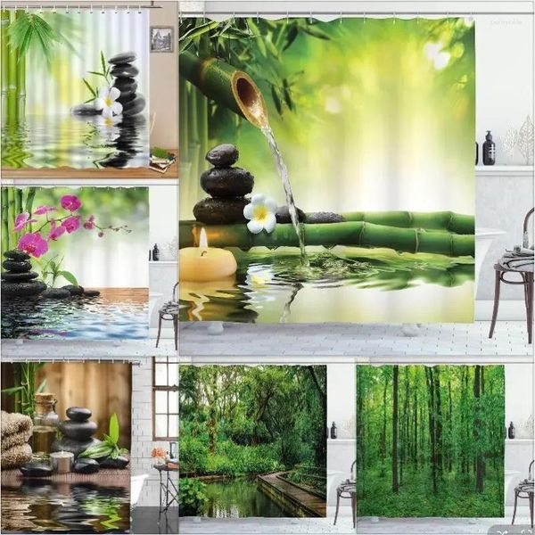 Tende da doccia Tenda Zen in bambù Verde Natura Foresta Pietra Spa Candela Estate Orchidea tropicale Arredamento bagno con set di ganci