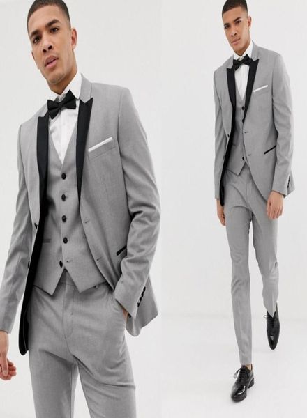3 adet gri erkek takım elbise siyah yaka özel yapım düğün takım elbise damat için sağım elbise