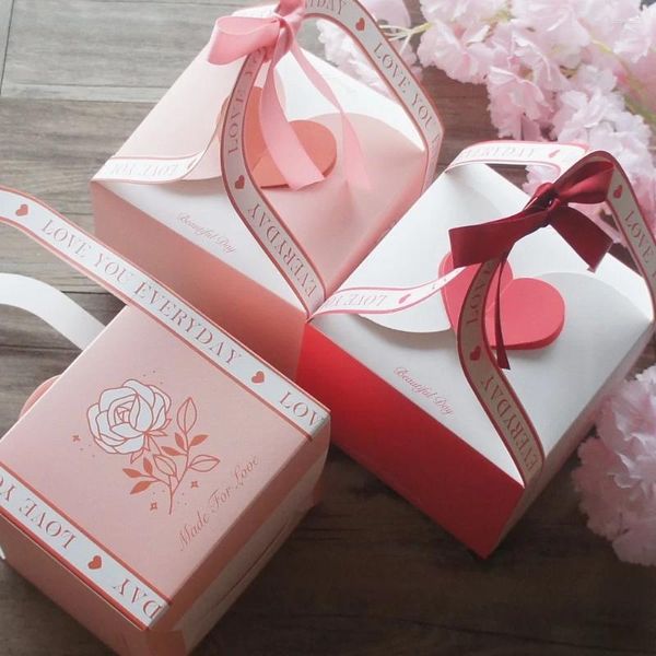 Geschenkverpackung 10 Stück rosa rote Herzbox mit Griff Süßigkeiten Keks Schokolade Makronen Hochzeit Babyparty Geburtstag Verpackung