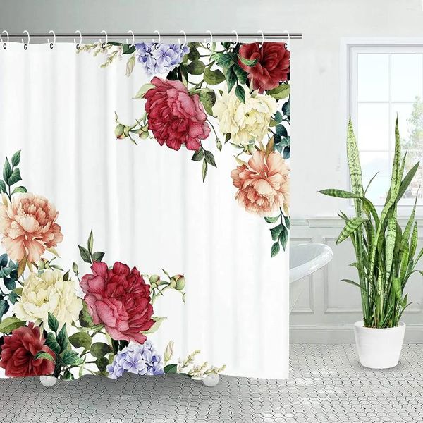 Cortinas de chuveiro peônia conjunto floral com ganchos flor rosa cortina de banheiro bela decoração de banho branco listras pretas