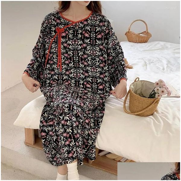Damen-Nachtwäsche, Rundhals-Langarm-Pyjama-Kleid, chinesischer Farbdruck, Nachthemd, dünne Baumwolle, Seide, Heimkleidung für Damen im Frühling, Drop Dhk8I