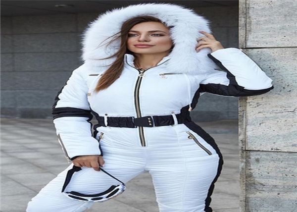 Macacão Women039s Tracksuits Branco com Inserção Preta Ternos de Inverno de Esqui Confortável Com Capuz Jaqueta de Pele Falso Plus Size Calças Femininas Quentes2178968