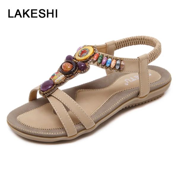 Sandalet Lakeshi Kadınlar Sandalet Yaz Plajı Sandalet 2023 Yeni Flip Flops Kadın Düz Sandalet Bohem Boncuklu Yumuşak Bayanlar Sandalet Boyutu 44 45