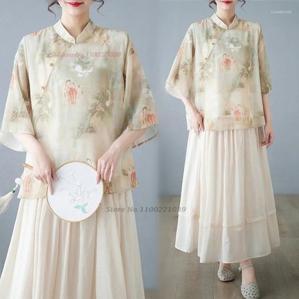 Roupas étnicas 2024 Tradicional Chinês Vintage Blusa Nacional Flor Imprimir Melhorado Qipao Oriental Retro Hanfu Tops Serviço