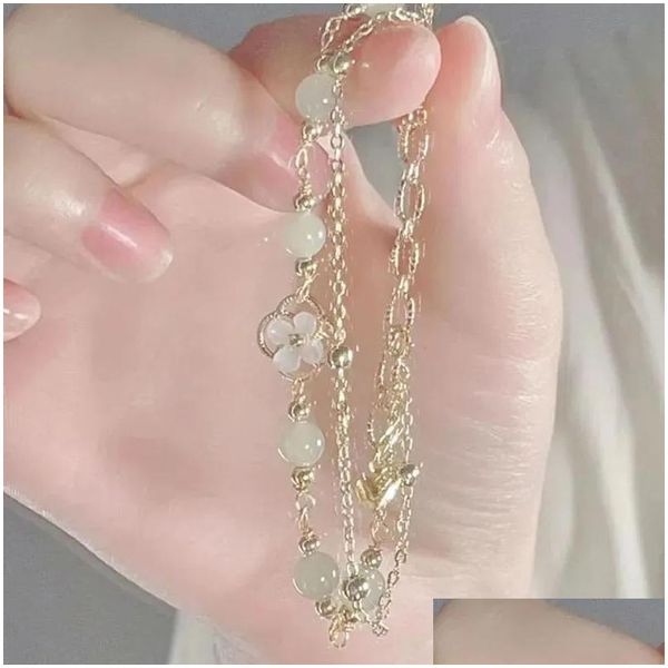 Braccialetti con ciondoli Stile cinese Retro Design di nicchia Donna Imitazione Bracciale in giada rosa Doppio strato Fiore Ragazza Dolce Gioielleria di moda Dro Dhjvp