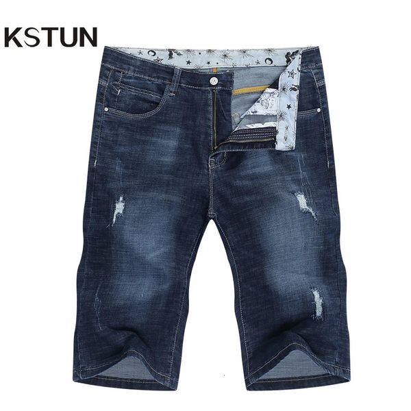 Calças de brim dos homens curtos marca rasgado biker jeans homens shorts calças jeans elástico azul escuro streewear desgastado fino ajuste pantalon homme jean 240325