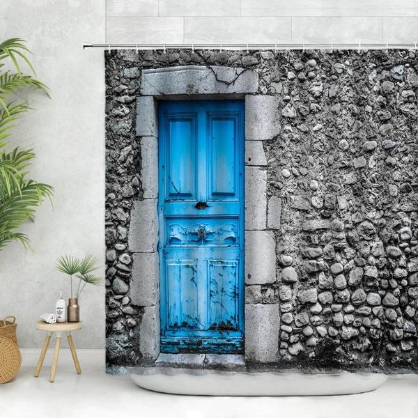 Tende da doccia Vintage Old Door Window Curtain Set Retro Stone Wall Barn Farmhouse Home Decor Bagno Ganci Tessuto in poliestere