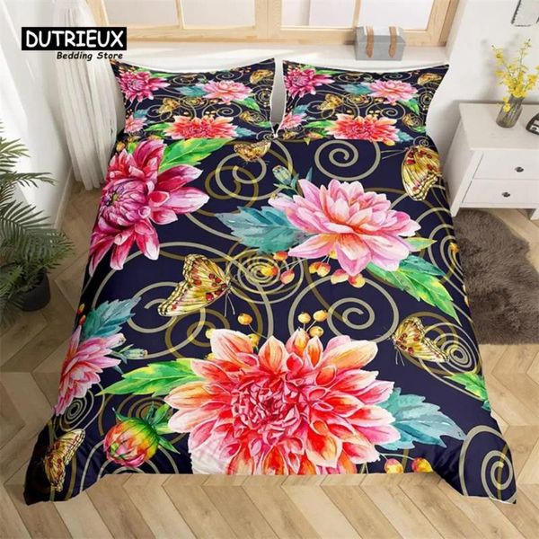 Conjuntos de cama Crisântemo Duveta Capa de Ouro Borboleta Conjunto King Size Microfibra Flor Flor Consolador Colcha Botânica