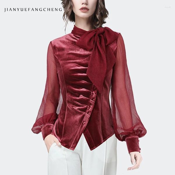 Damenblusen, elegante und stilvolle Samt-Chiffon-Bluse mit Fliege, Laternenärmeln, rotes unregelmäßiges Hemd für die Frühlingsmode 2024