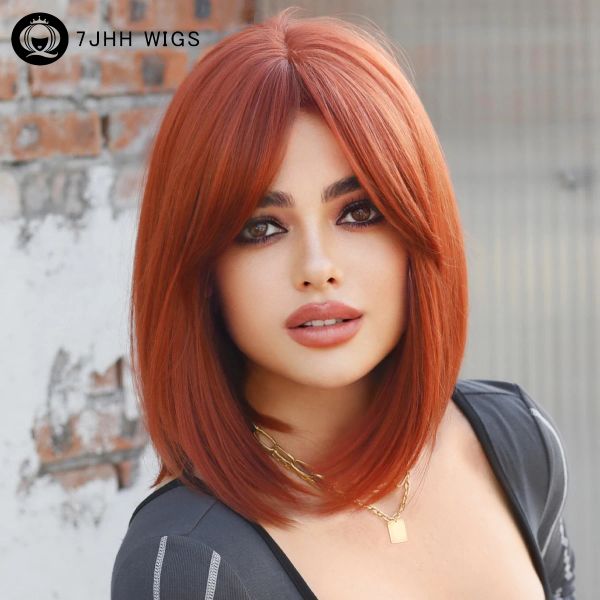 Perucas 7jhh perucas marrom avermelhado peruca bob para mulheres diariamente cosplay natural sintética parte intermediária peruca curta peruca reta resistente ao calor