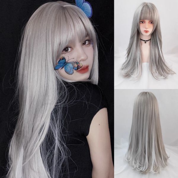 Wigs Vicwig Synthetic Wig Lady Lady Grey выделяет прямой парик с челкой для женщин Heatresatant Rose Net