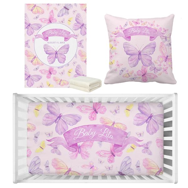 LVYZIHO Nome personalizzato Bella farfalla rosa e viola Set biancheria da letto per bambini Regalo di compleanno Doccia per bambini 240325