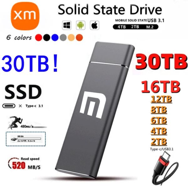 Коробки Портативный внешний SSD 2 ТБ Высокоскоростной SSD 2 ТБ 4 ТБ 8 ТБ Твердый жесткий диск USB 3.1 TypeC Мобильные жесткие диски для Xiaomi Для ноутбуков ПК