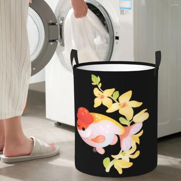 Sacos de lavanderia Ranchu e Forsythias Goldfish Cesta de armazenamento circular resistente durável ótimo para cozinhas brinquedos