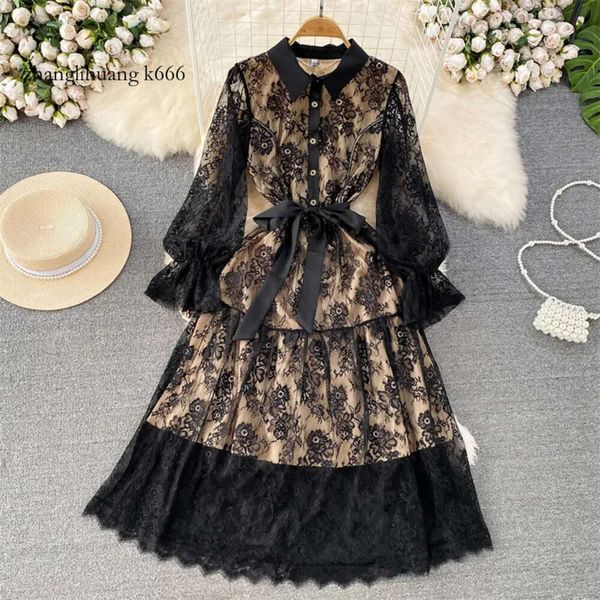 Vestidos primavera casual 2024 verão feminino bordado de flor preto malha longa com faixas decoração de botão de lapela
