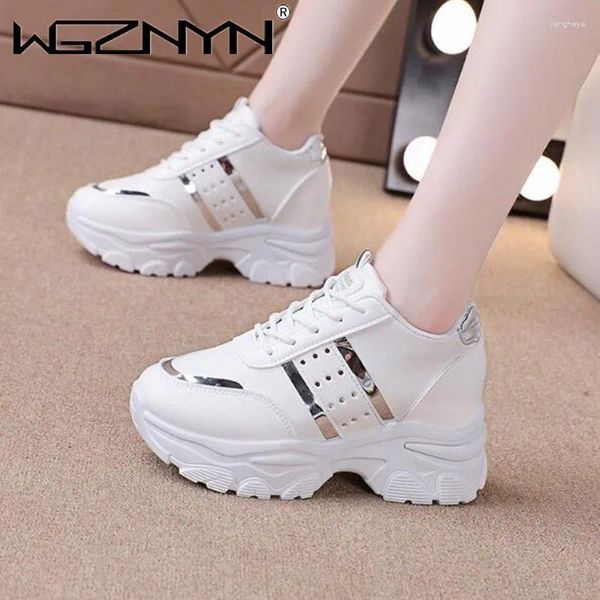 Casual Schuhe Gold Gestreiften Dicken Boden Sport Frauen Weiß PU Leder Lace Up Chunky Turnschuhe Frau 2024 Frühling Nicht-slip Plattform