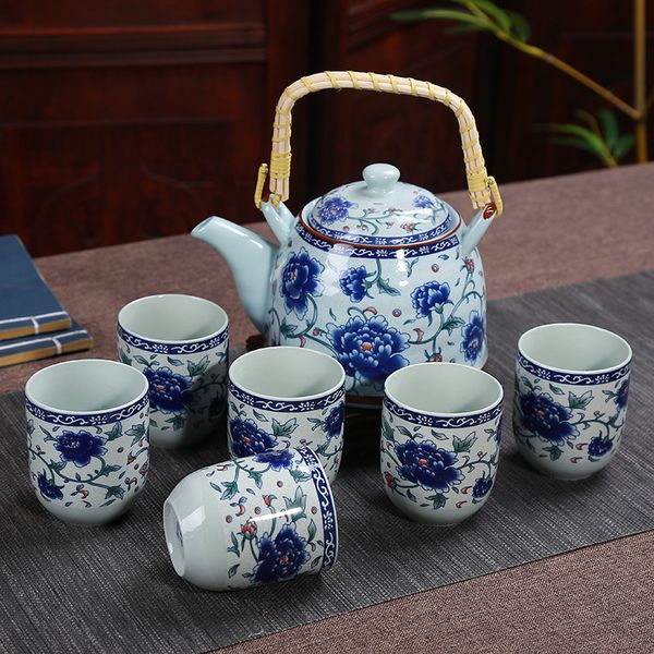 Set da tè grande teiera in porcellana bianca e blu 7 vasi con sollevamento testa peonia tazza da tè in ceramica per la casa all'ingrosso