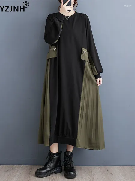 Повседневные платья YZJNH 2024, осеннее платье, женское корейское платье, свободное цветового блока, в рабочем стиле, модное, плиссированное, длинное, большое