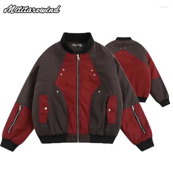 Jaquetas masculinas High Street Motobiker Estilo Parkas Emendado Contraste Cor Casaco Hip Hop Solto Algodão Streetwear Piloto Oversize