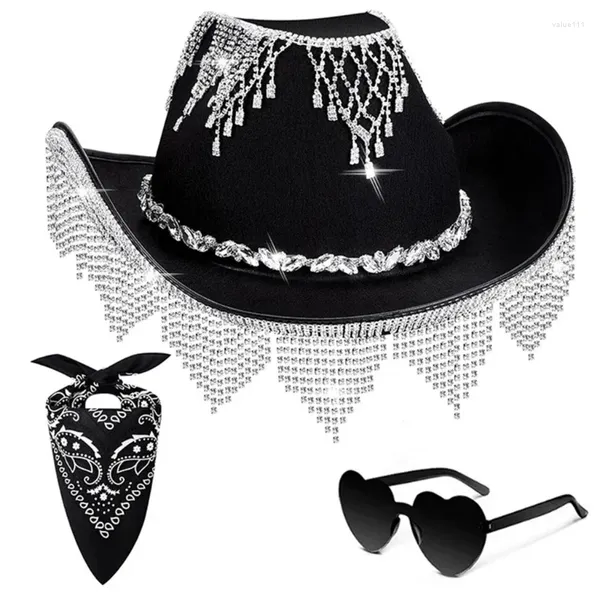 Berretti 3 pezzi/set Strass Tesa Cappello da cowboy Cuore Occhiali da sole Fazzoletto Carnevali Fornitura