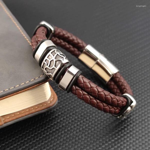 Charm-Armbänder, braun, luxuriös, 316L-Edelstahl, unregelmäßige Risse, Herren-Armband, echtes geflochtenes Leder, Herren-Schmuckartikel