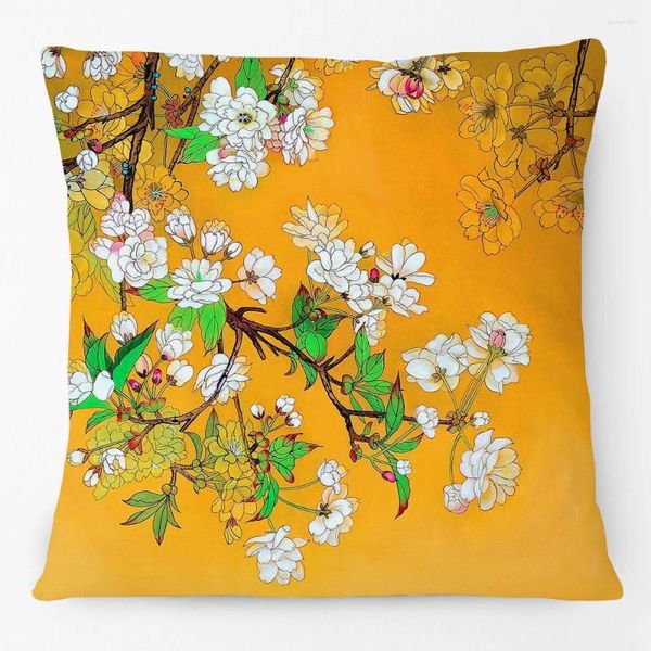 Travesseiro de árvore natural pastoral e flores de primavera cobrem case decorativa em estilo amarelo